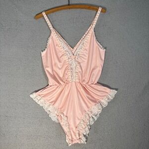 Vintage Babydoll Lingerie Pink Striped‎ Teddy Romper Lace Trim Bow Detail